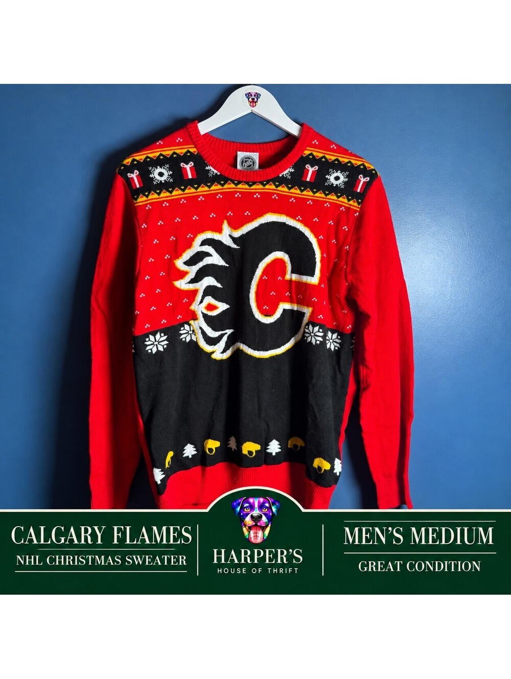Calgary Flames Ugly Christmas Sweater NHL Official Licensed Red Black Size M